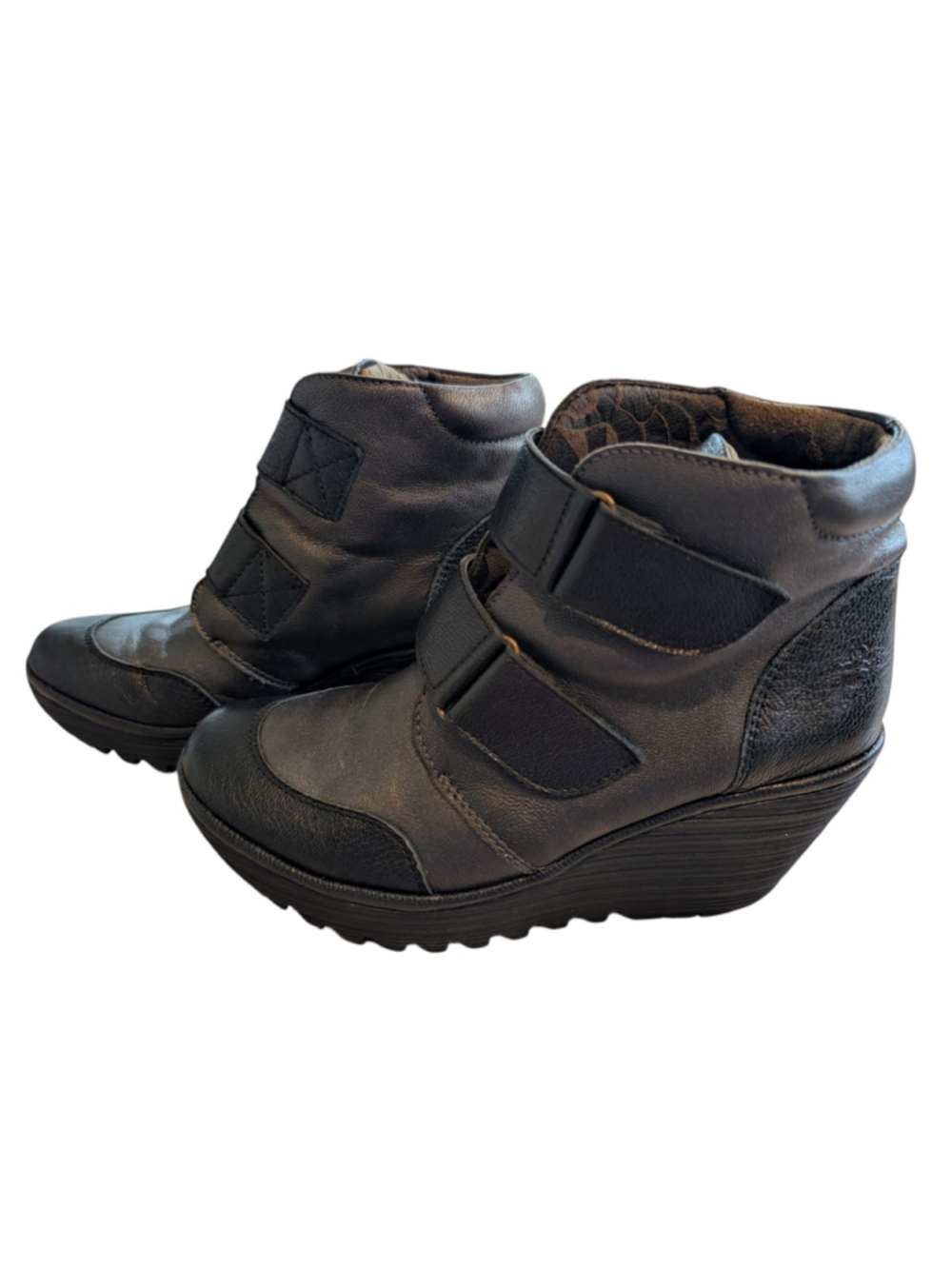 Women's 7 7.5 38 Fly London Yugo Wedge Heel Brown & Black Leather Ankle Boots